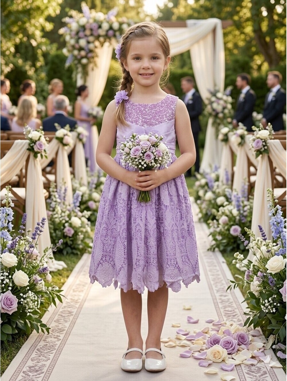 New Lilac Flower Girl Dress - Size 6 - Lavender Lace & Sequins with Flower